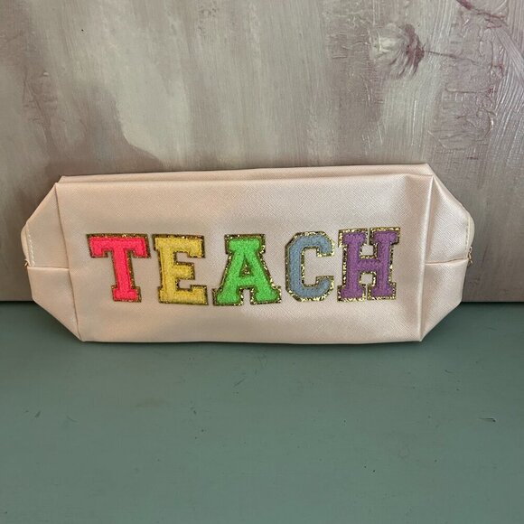 NEW TEACH Letter Makeup Bag Colorful TEACHER Chenille Letter Patch Cosmetic Bag - Picture 3 of 11
